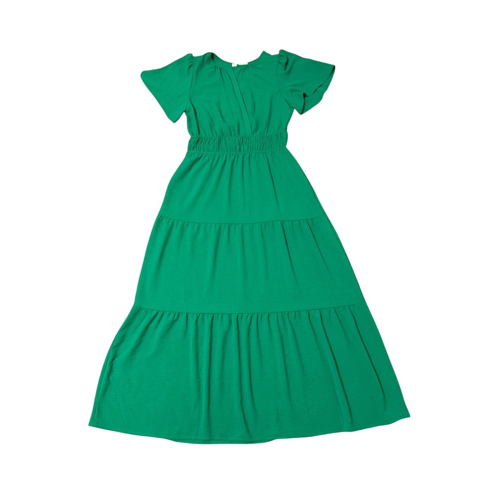 Monteau Los Angeles Green Tiered Maxi XL Smocked Waist Flutter Sleeve Pockets